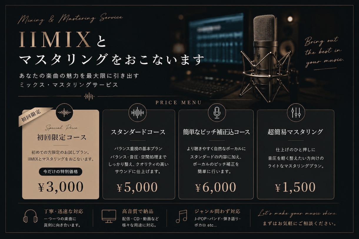 マスタリング(音質向上・ピッチ補正など）行います 顧客のニーズに合わせて作業。弾き語り動画の音質なども可。 イメージ1