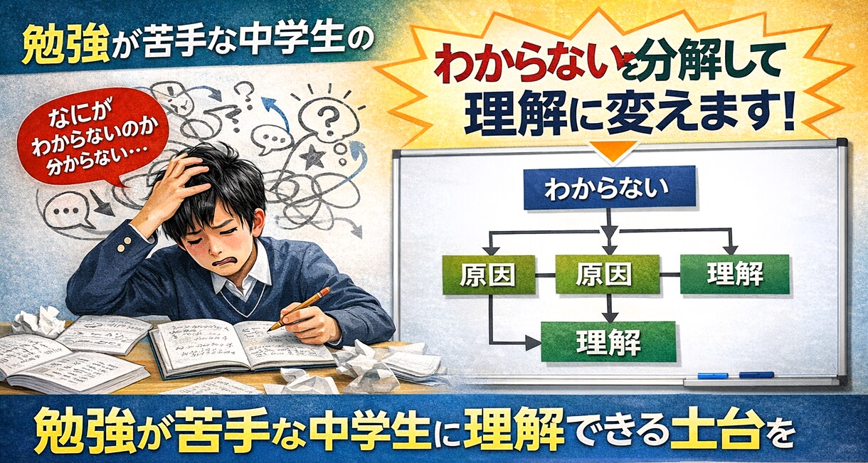 勉強が苦手な子のわからないを分解して理解に変えます わからない原因を一緒に整理し、理解できる状態まで導きます イメージ1