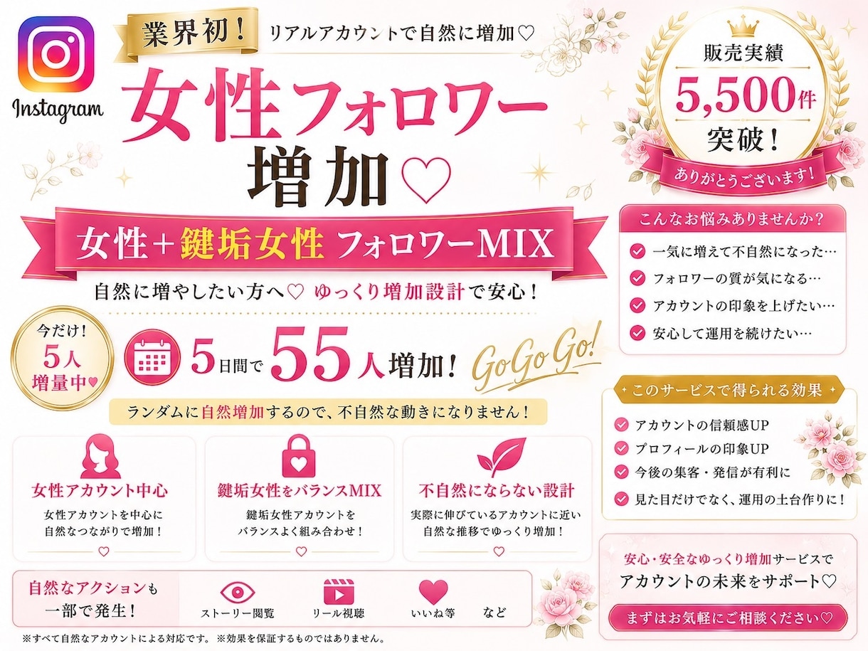 インスタ女性+鍵垢フォロワーMIXゆっくり増加ます 今だけ5人増量中！Instagram女性垢＋鍵垢女性混載 イメージ1