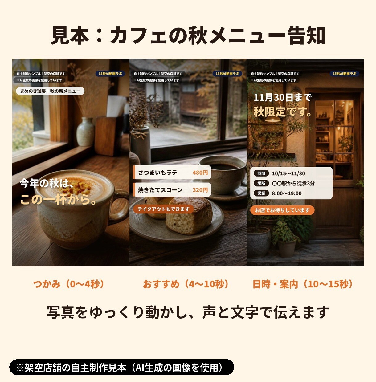 お店・商品の告知を15秒の縦型動画にします 写真・テロップ・BGM・声入りでリール向けに仕上げます イメージ2
