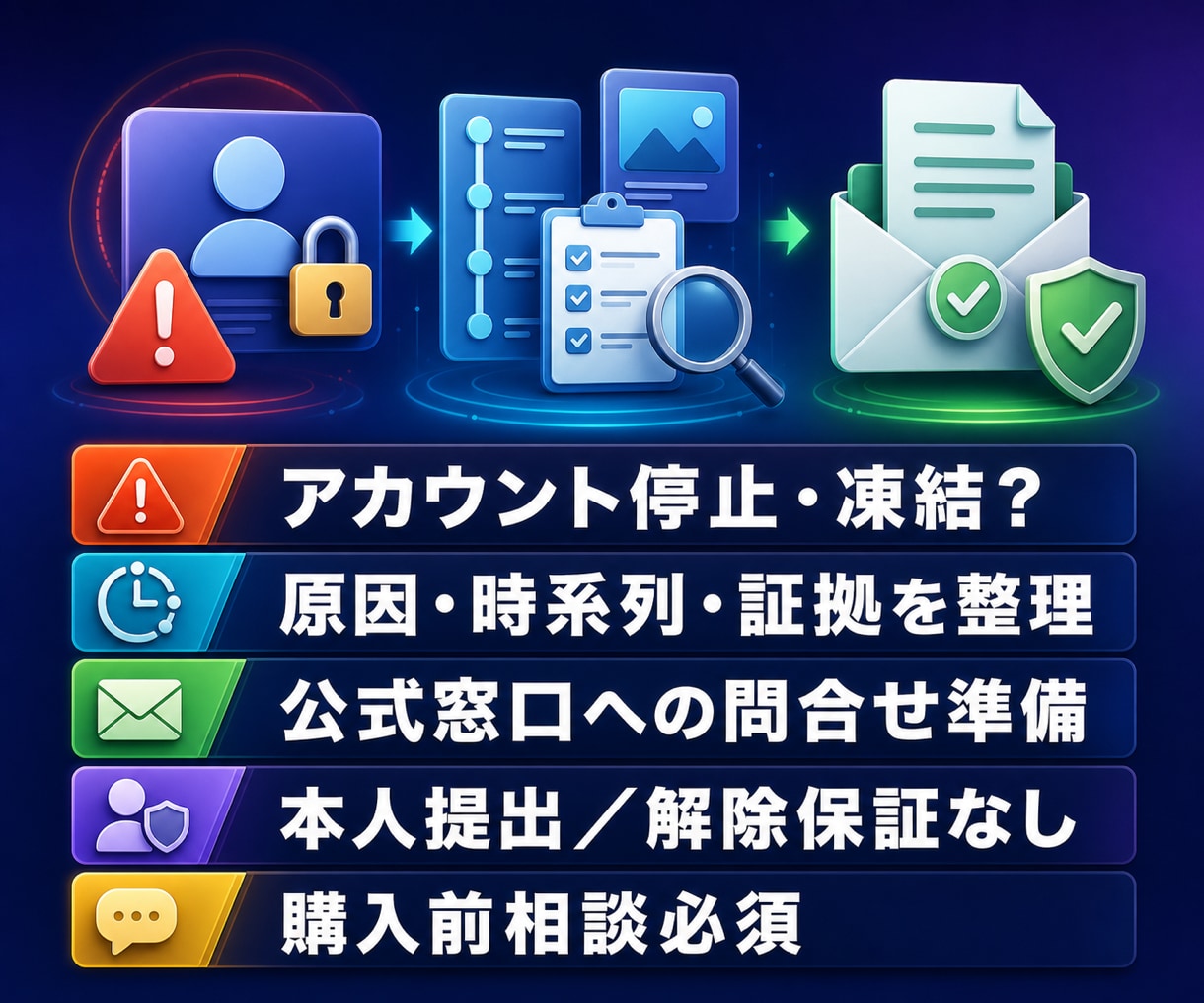 アカウント停止の原因整理と問合せ準備を支援します 誤認・誤判定が疑われる停止や凍結の問合せ準備 イメージ1