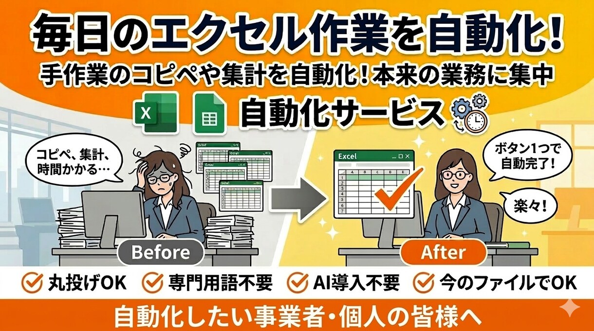丸投げOK！エクセルやスプシ作業を自動化します ITの専門知識は不要です。面倒な入力や集計をサクッと効率化！ イメージ1