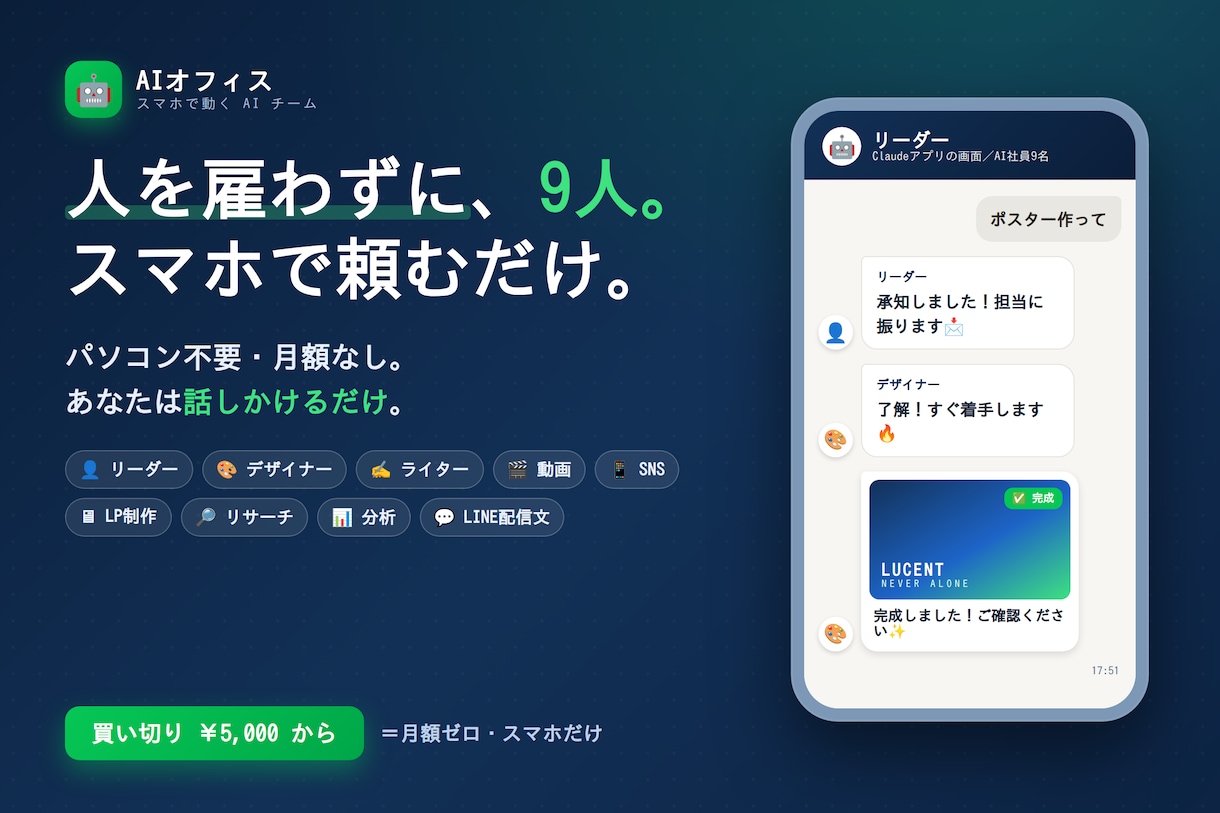 人を雇わずに仕事を任せるAIチーム作ります 投稿・チラシ・LP・調査まで。スマホで頼むだけ。 イメージ1