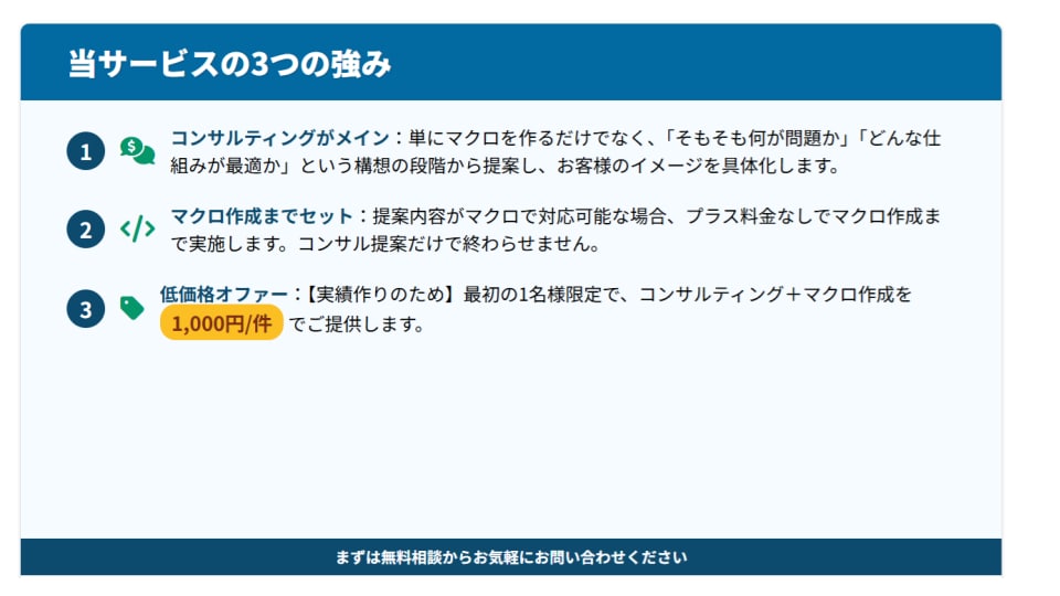 現役エンジニアがExcel業務自動化をご提案します 【先着1名限定】マクロ作成まで込みで1,000円！ イメージ6