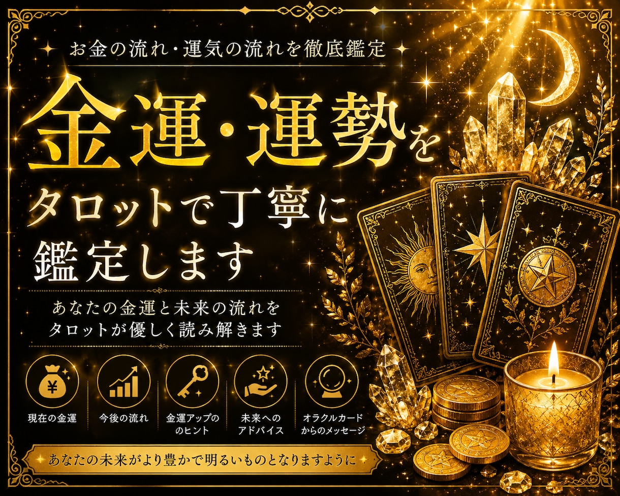 金運・これからの運勢をタロットで鑑定します あなたの金運と未来の流れを、タロットが優しく読み解きます。 イメージ1