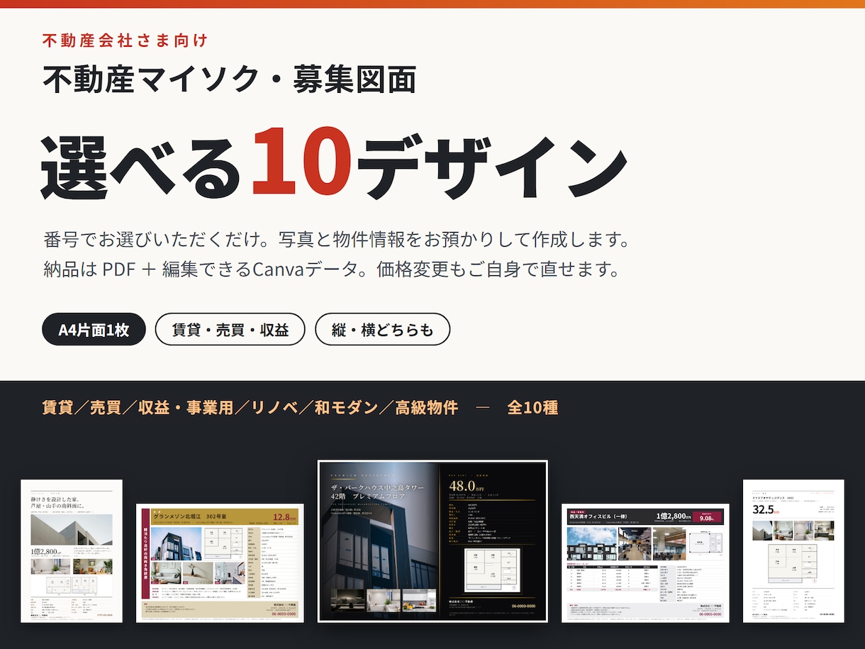 不動産マイソク・募集図面を10種から作成します 価格変更もご自身で。Canva編集データでお渡しします イメージ1