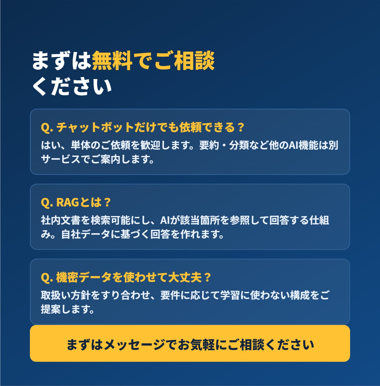 AIチャットボットで問い合わせを自動化します 社内データに答えるAI窓口を、後付けで導入できます イメージ5