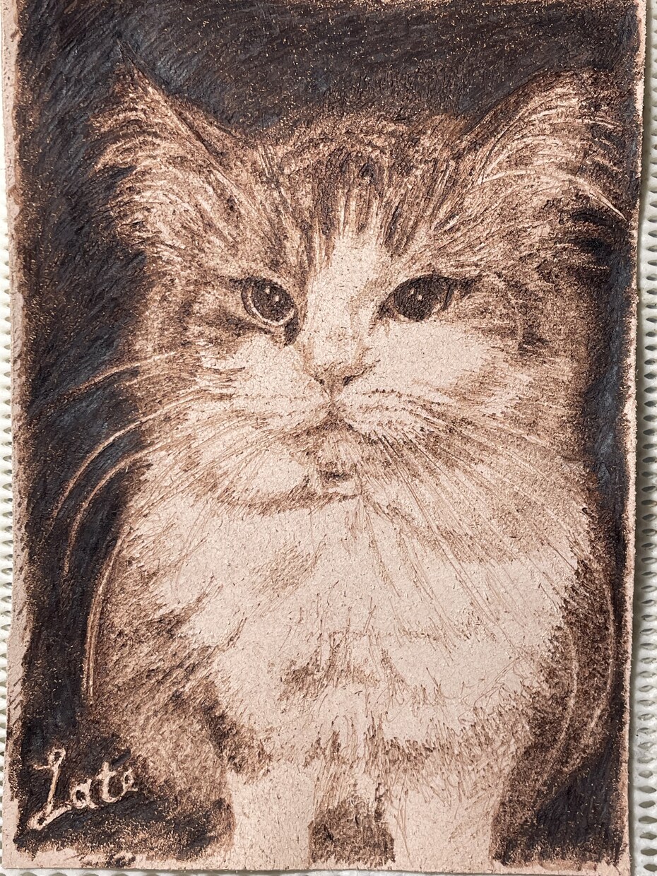 革に電熱ペンで愛猫(リアル画)を描きます 牛革に電熱ペンで焼きつけながらセピアの陰影で絵を描きます。 イメージ1