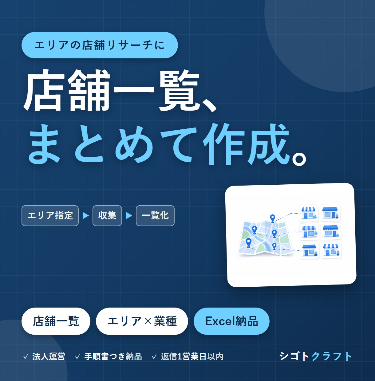 店舗一覧をエリア×業種で作成します エリア×業種を指定するだけで店舗一覧をお届け イメージ1