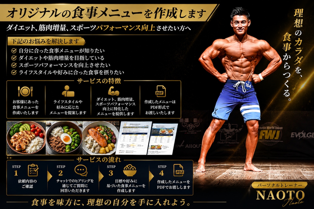オリジナルの食事メニューを作成します ダイエット、筋肉増量、スポーツパフォーマンス向上させたい方へ イメージ1