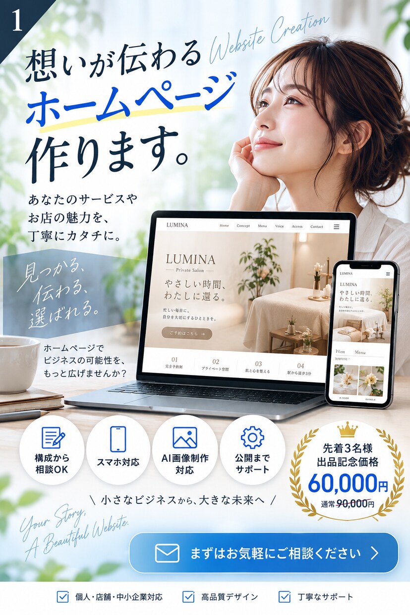 個人・店舗向けのホームページを丁寧に制作します 構成から相談OK｜スマホ対応｜初めてのHP制作も安心 イメージ1