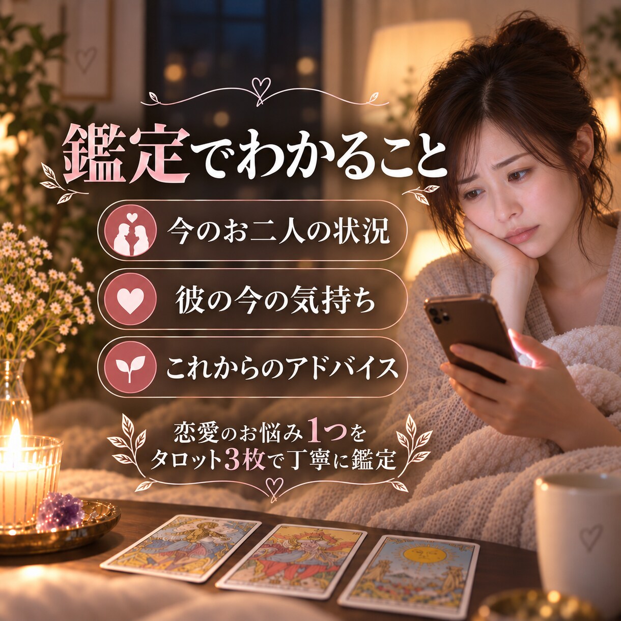 返信が遅い彼の気持ちをタロットで読み解きます 彼の気持ちが見えず不安なあなたへ、3枚で丁寧に鑑定 イメージ3