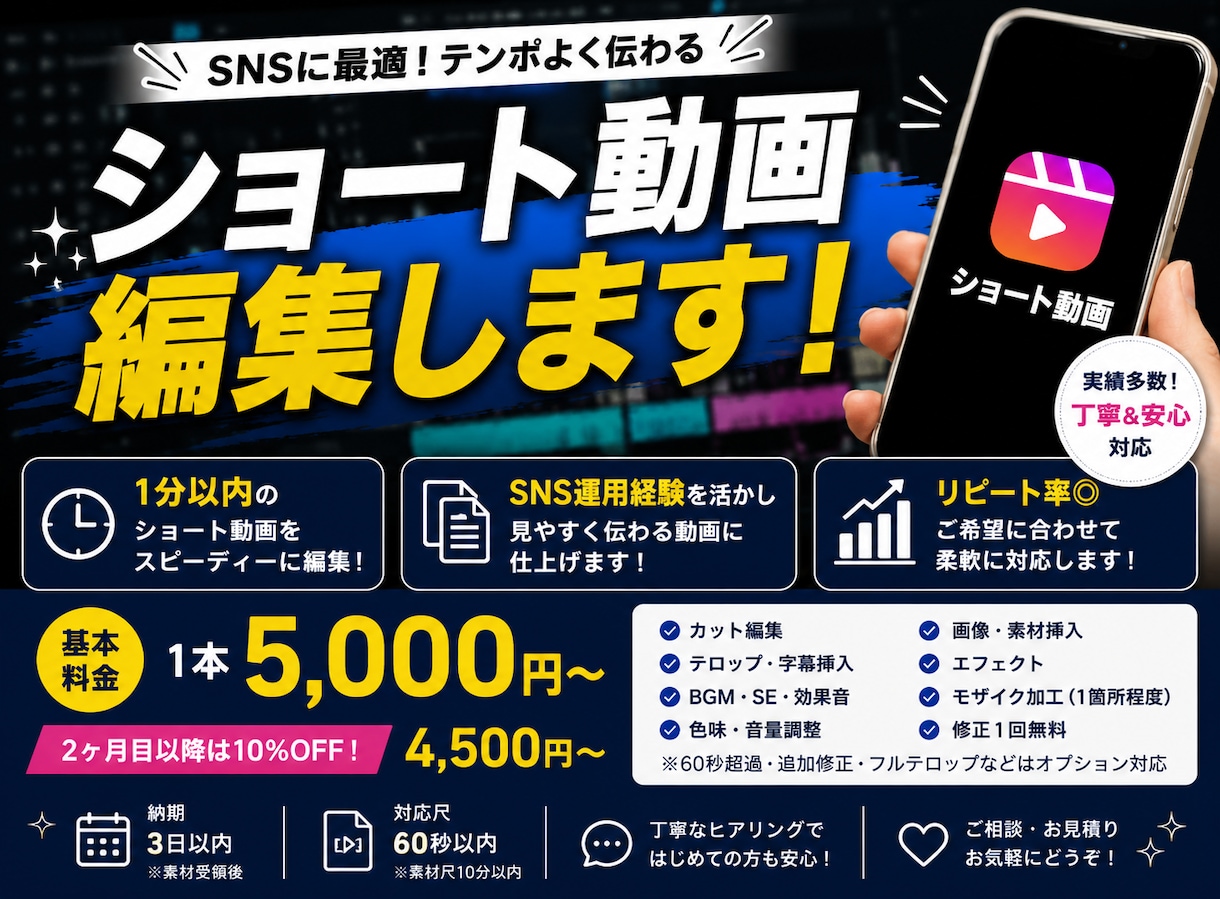 SNS向けショート動画を丁寧に編集します SNS運用経験を活かし、見やすく伝わる動画に仕上げます イメージ1