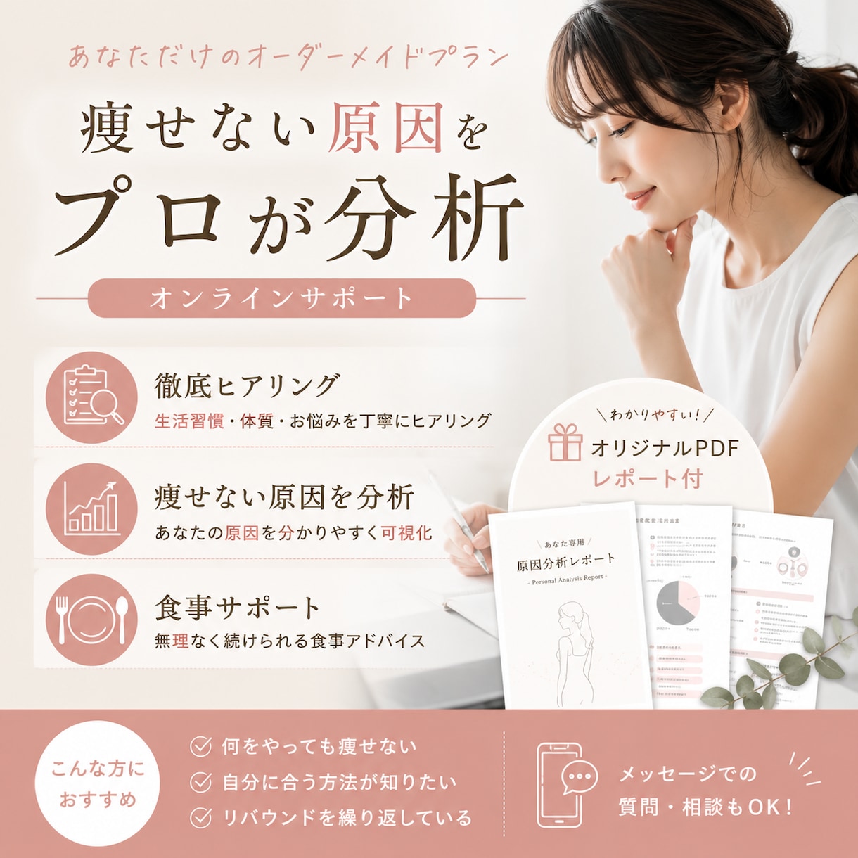 モニター募集　痩せない原因を分析して提案します エステでの施術経験を活かし、生活習慣から太る原因を分析します イメージ1