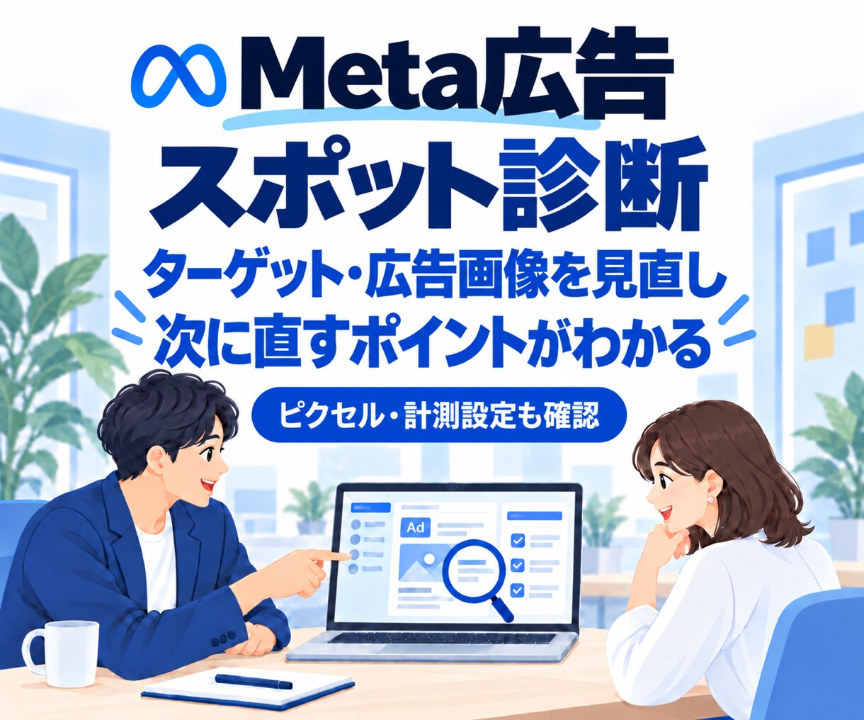 Meta広告を診断し、改善の優先順位を提案します ターゲットと広告画像を見直し、ピクセルや計測設定も確認 イメージ1