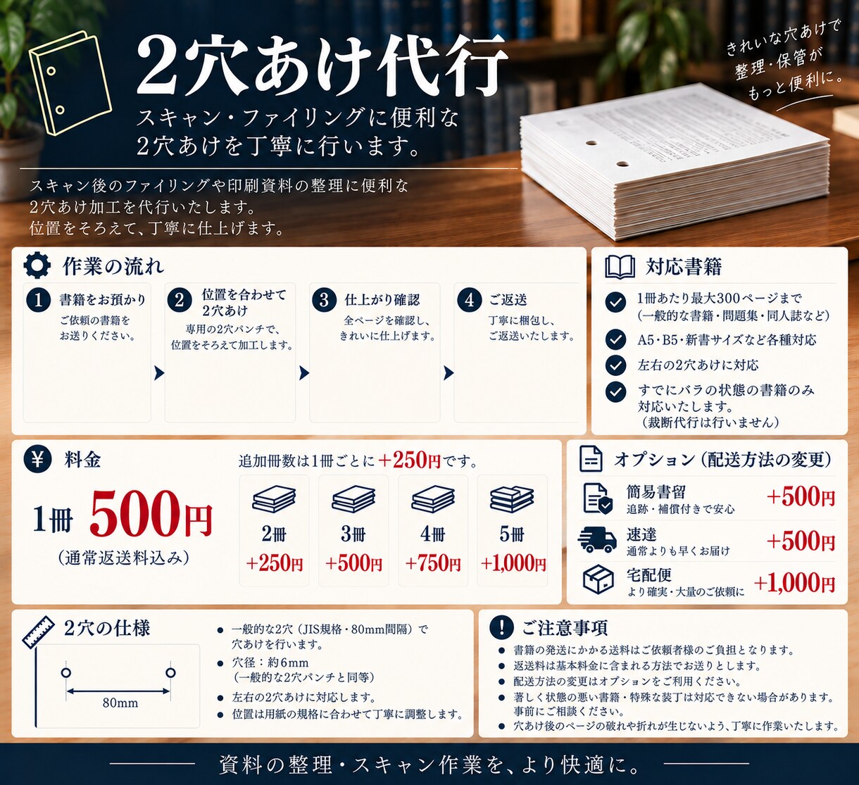 書類・紙資料の2穴あけ加工を代行します 100枚まで千円！大量の書類もまとめて穴あけします イメージ1