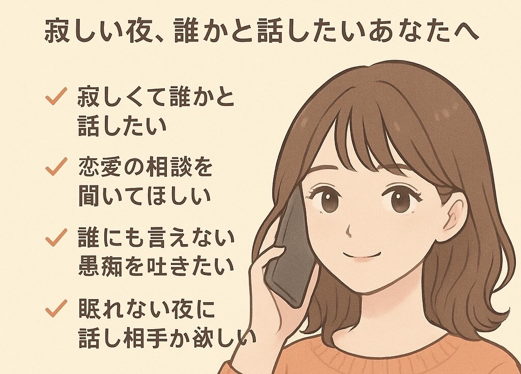 今すぐだれかと話したい...寂しさうめます 今すぐ誰かと話したい…寂しさ・不安、なんでもお聞きします。 イメージ1