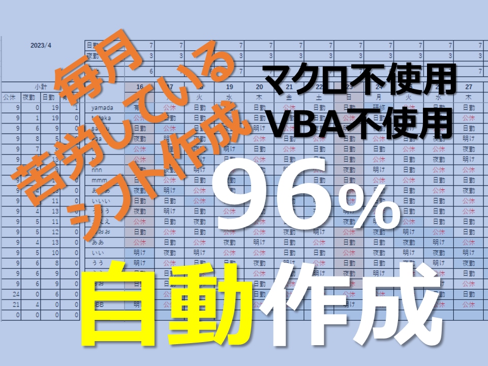 毎月のシフト作成を９６％お助け致します マクロもVBAも不使用で簡単操作のシフト作成ツールです。 イメージ1