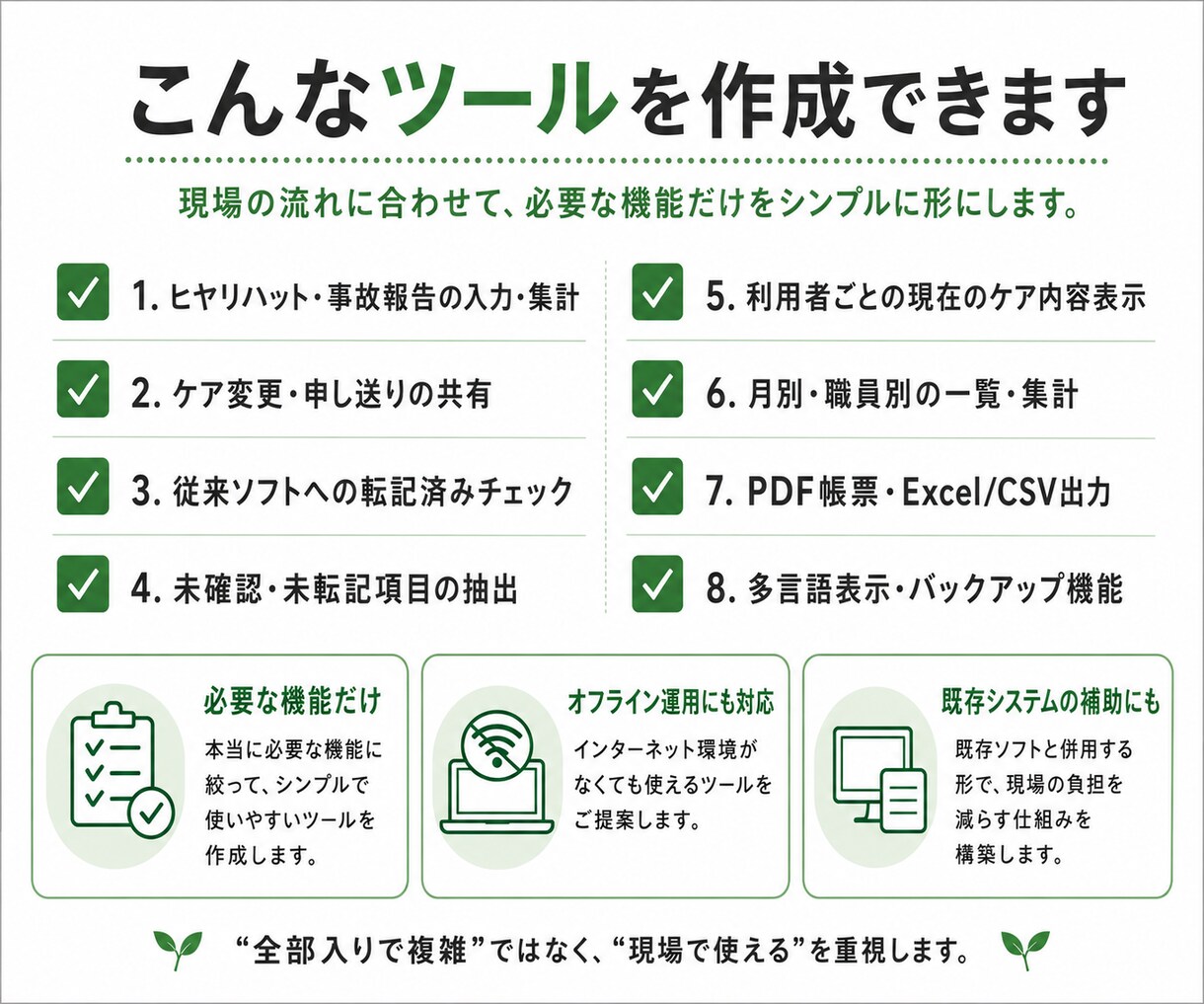 介護現場に合う業務支援ツールを作成します 既存ソフトを活かし、入力・共有をもっと簡単に イメージ3