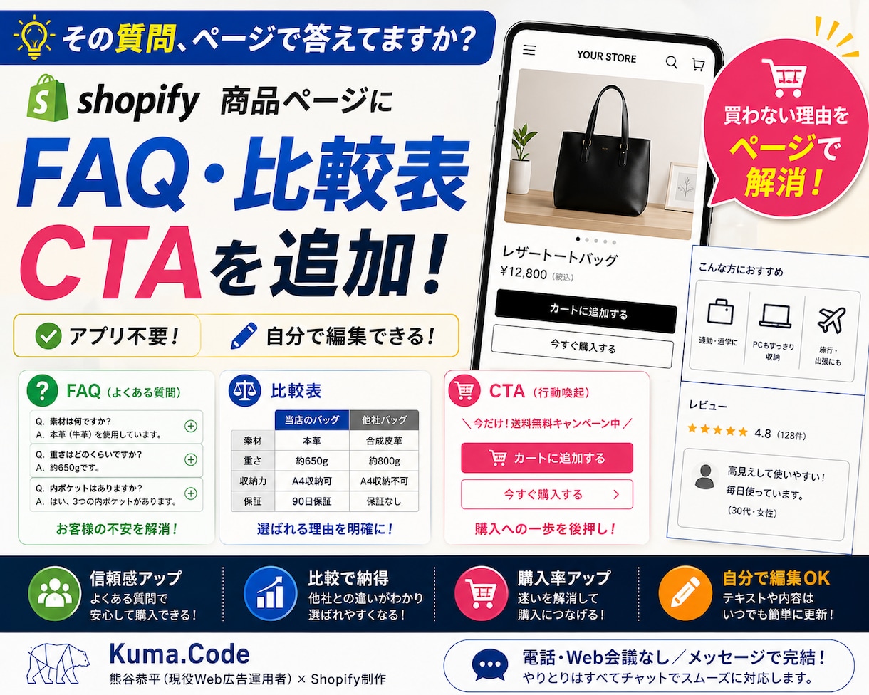 商品ページにFAQ・比較表・CTAを追加します 買わない理由を、ページの中で解消 イメージ1