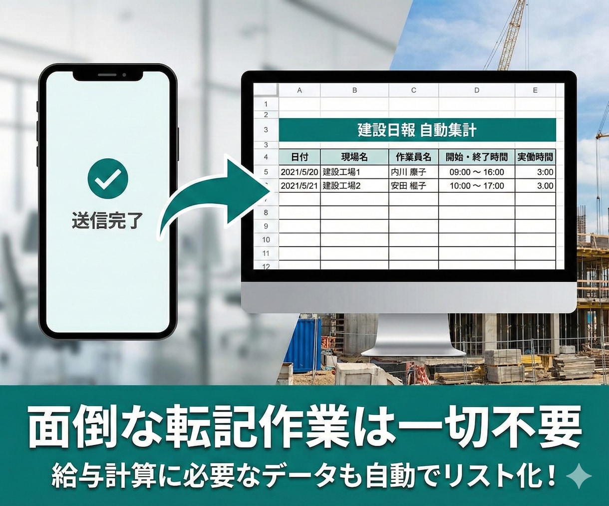 スマホ完結！建設業の日報＆出面集計を全自動化します ■GAS・スプレッドシート連携の買い切りツール イメージ4