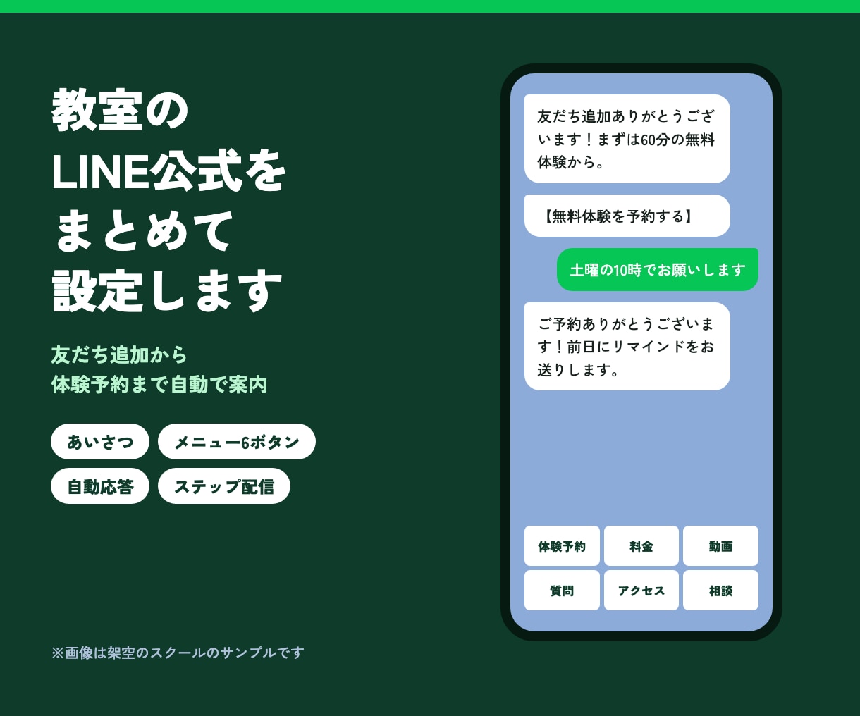 スクール・教室のLINE公式を初期設定します あいさつ・リッチメニュー・自動応答・ステップ配信3通 イメージ1