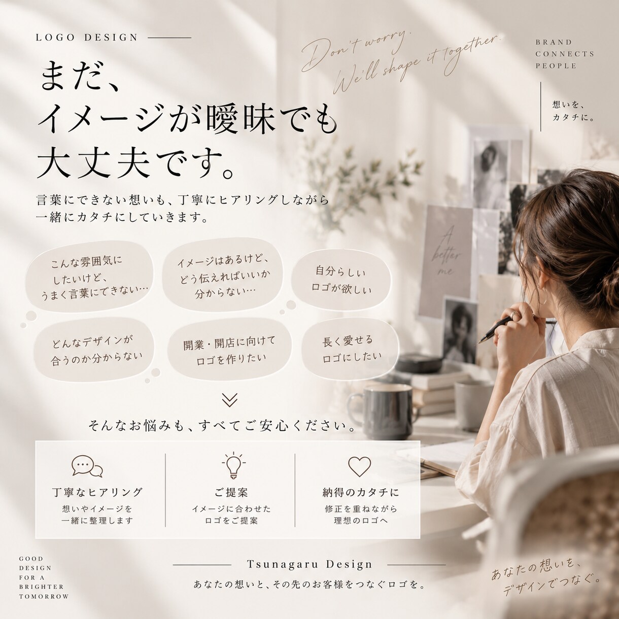 想いが伝わる、あなたらしいロゴをデザインします 「イメージが曖昧でも大丈夫」「想いを整理して形にする」 イメージ3