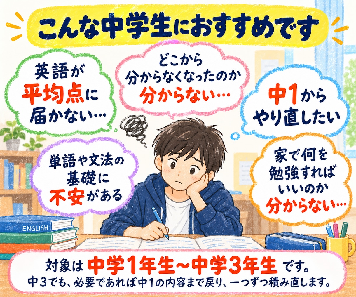 平均点を目指して中学英語を基礎からやり直します 苦手な英語を、できるところから一つずつ イメージ2