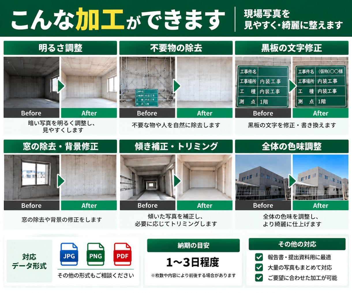 工事写真を綺麗に見やすく加工します 暗い写真や不要物など、お困りの写真を丁寧に加工します イメージ2