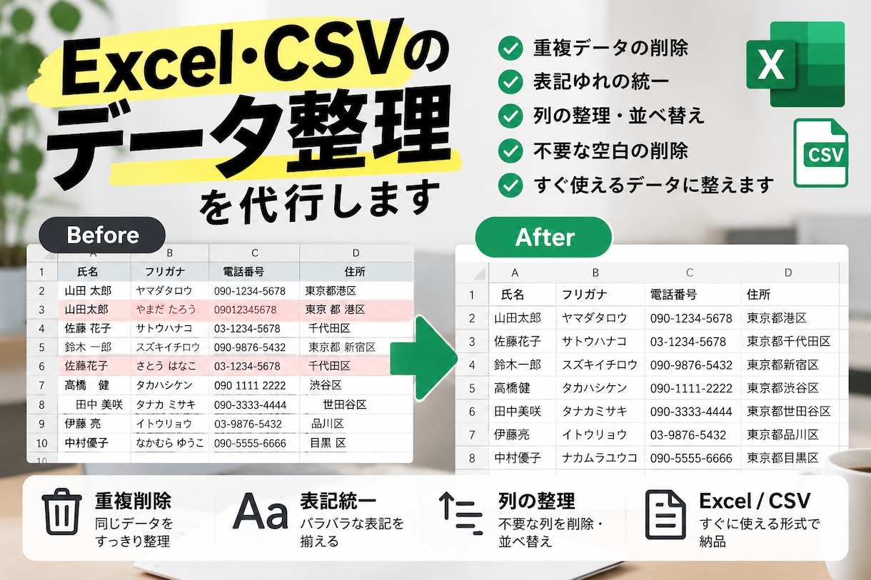 Excel・CSVのデータ整理を代行しますます バラバラのExcelを、すぐ使えるデータに整えます。 イメージ1