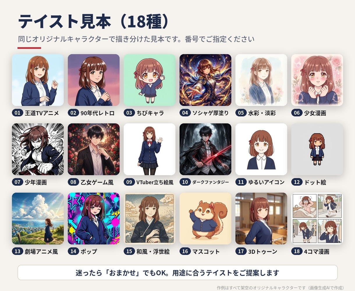 アニメ風アイコン・立ち絵を18テイストから作ります 1点3,000円。画像生成AIで好みのタッチに仕上げ イメージ2