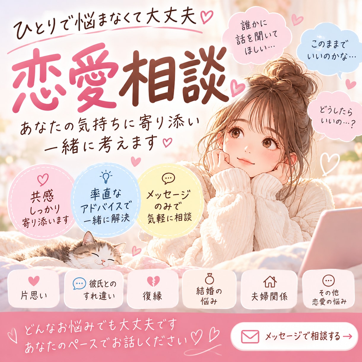 恋愛の悩みを聞き、具体的なアドバイスをします 共感だけで終わらない、あなたのための恋愛相談 イメージ1