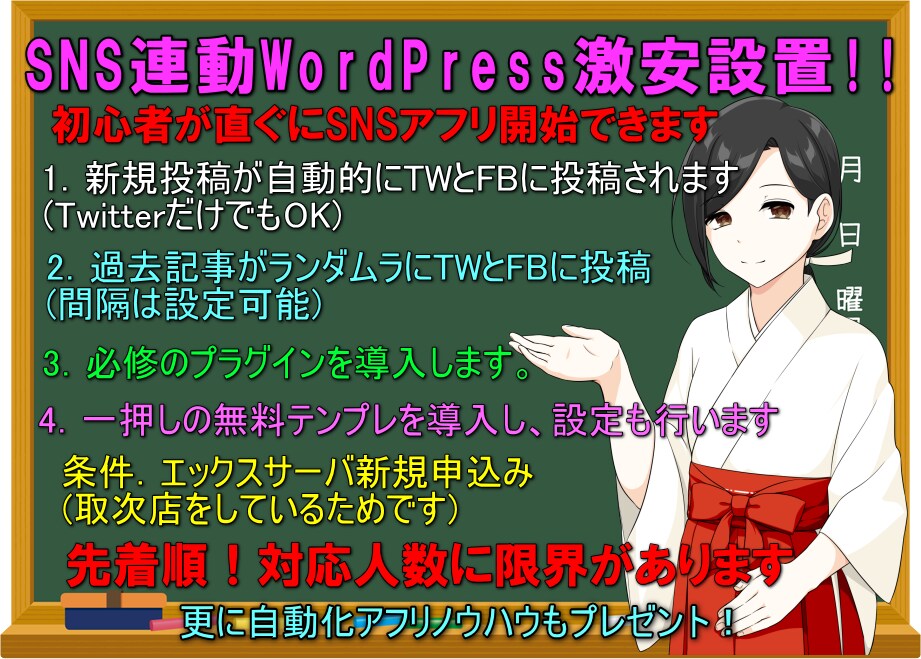 SNS連携WordPress構築(条件付)します Twitter＋FB新規・過去記事自動投稿アフリブログ仕様 イメージ1