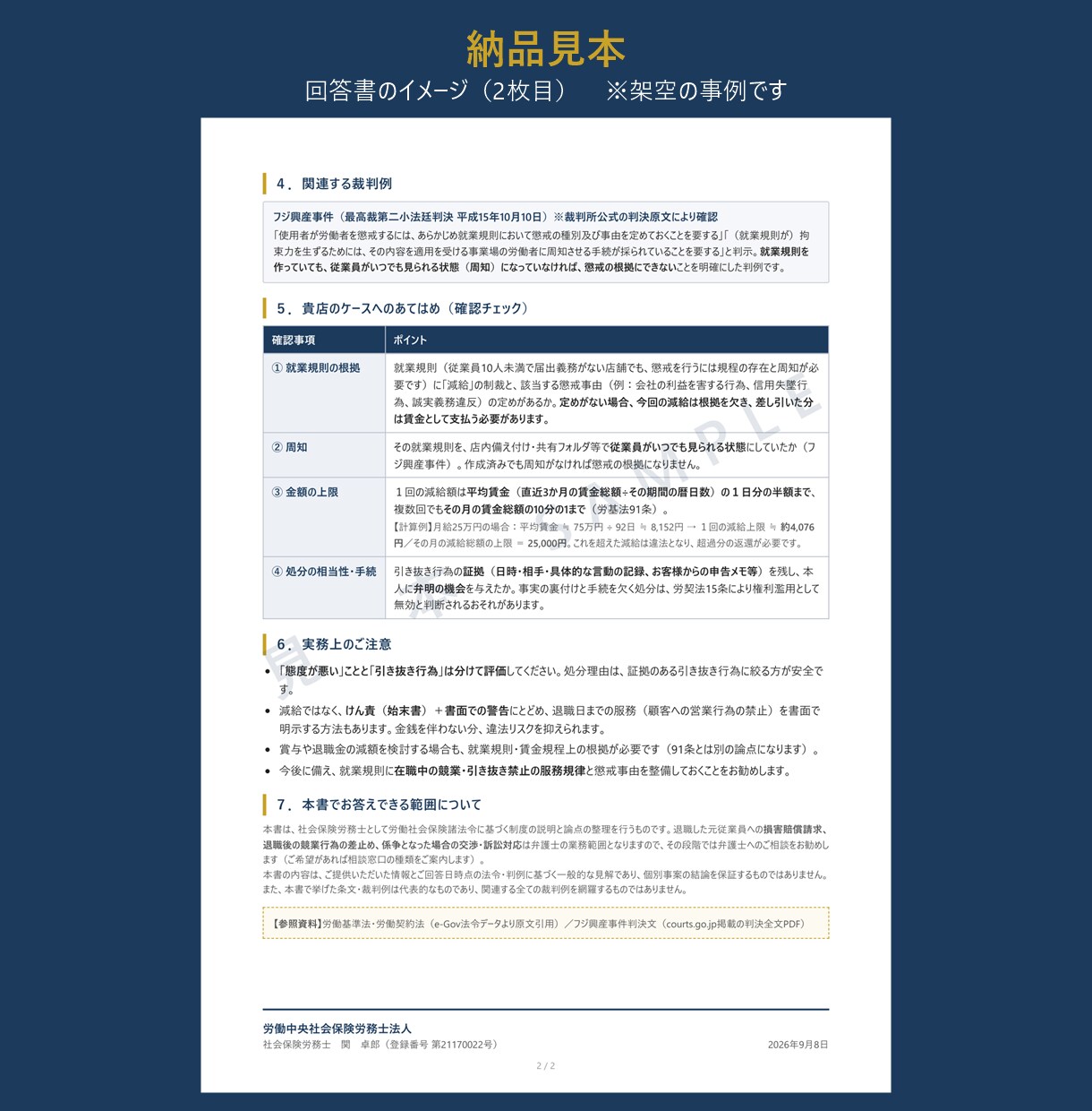 労務のお悩みへ条文・判例の根拠つき回答書を作ります ネット検索で終わらせない。条文原文＋判例で根拠を示します イメージ6