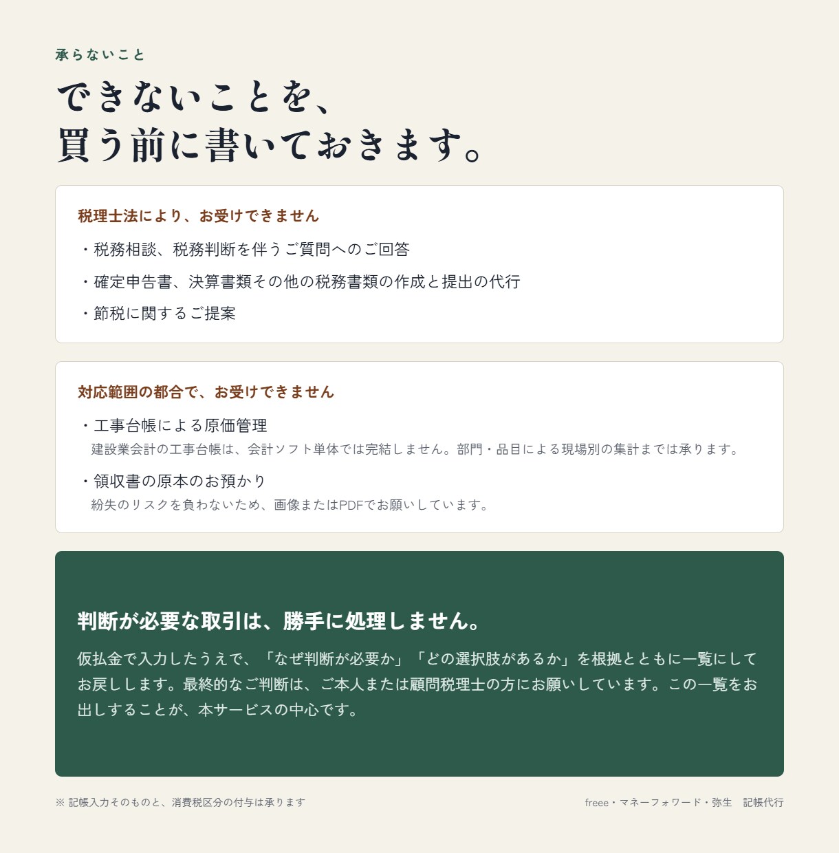 freee・MF・弥生｜料金全公開で記帳代行します 1仕訳の数え方も、加算料金も、できないことも先に書いています イメージ5