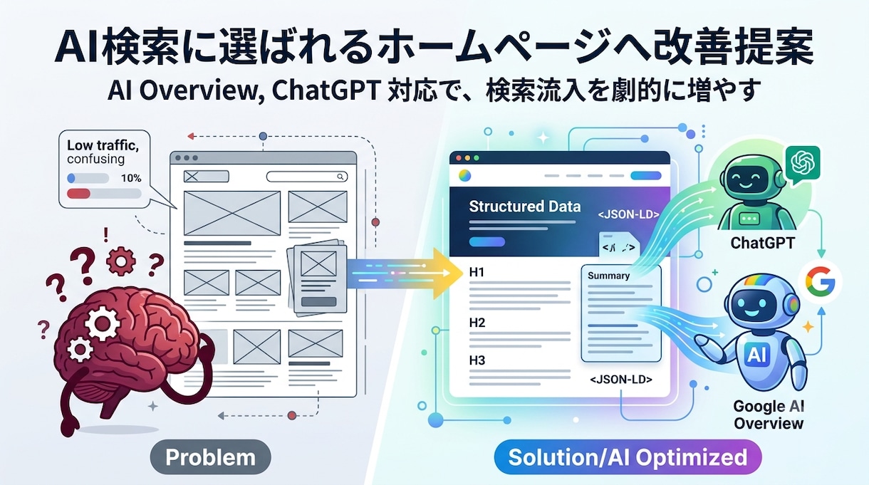 AI検索に選ばれるホームページへ改善提案します AIが引用・紹介しやすいホームページへ改善します。 イメージ1