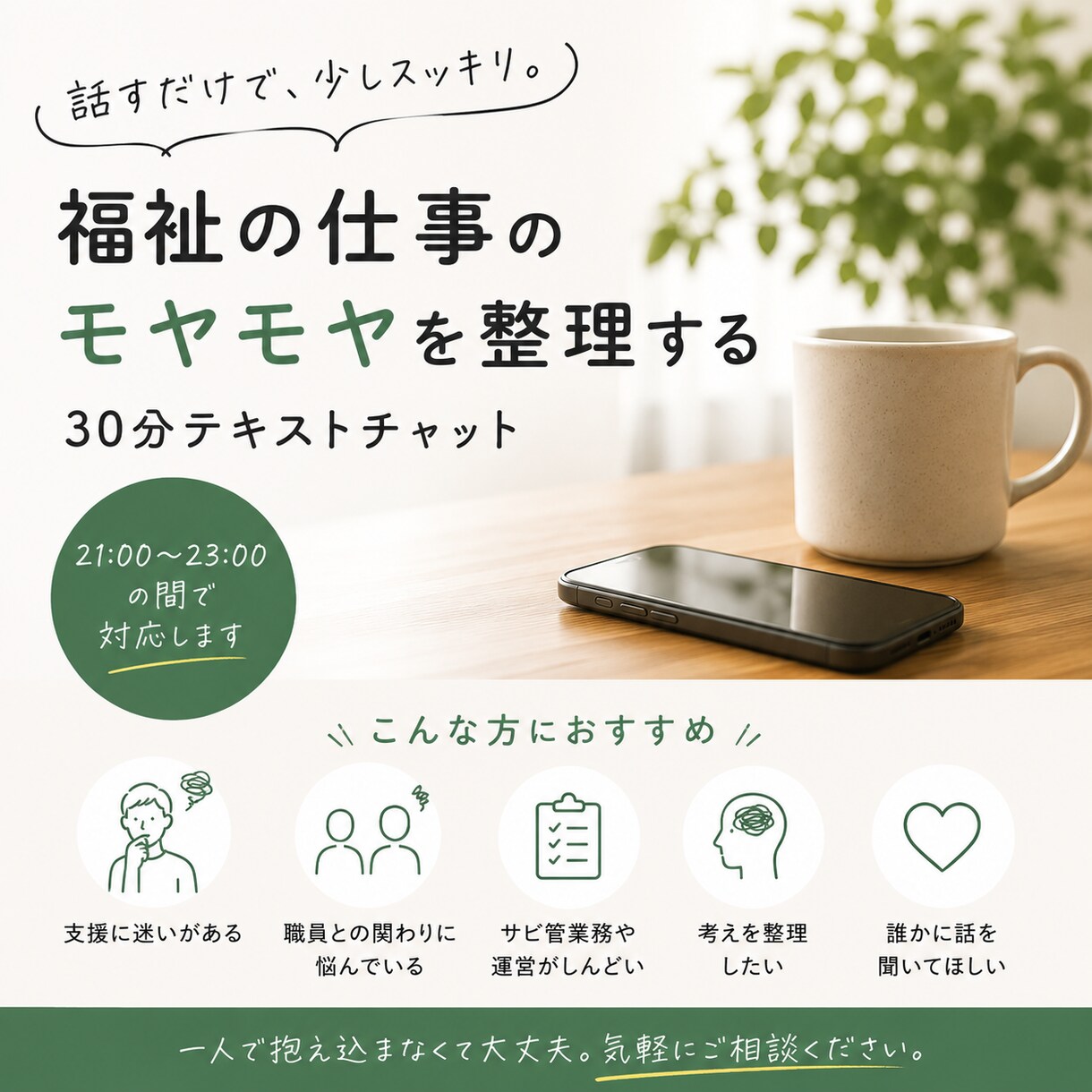 福祉職・サビ管向け　支援や運営の悩みを整理します 支援・運営・人材育成の悩みを一緒に整理します イメージ1