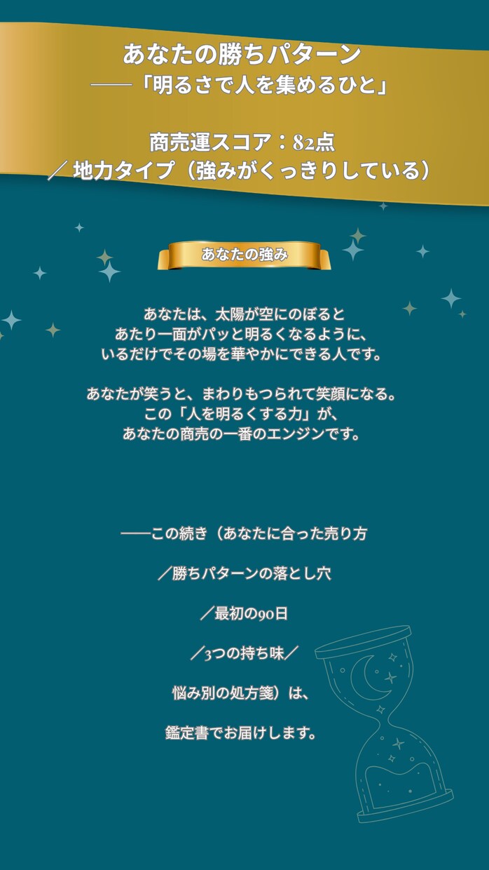 あなたの勝ちパターンを四柱推命で診断します 【商売運スコア付き】｜適職・自分らしい働き方・強み発見 イメージ4