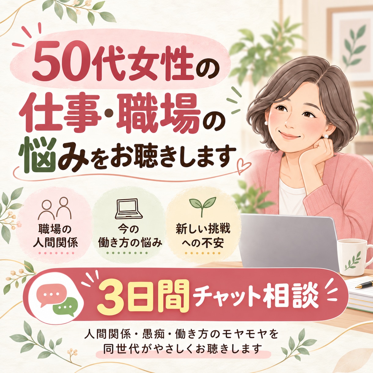 50代女性の仕事・職場の悩みを3日間お聴きします 人間関係・愚痴・働き方のモヤモヤを同世代がお聴きします イメージ1