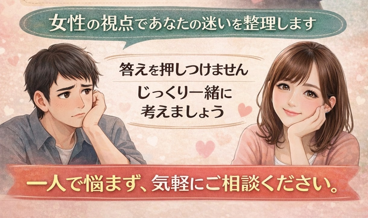 女性目線で恋の迷いを一緒に整理します 彼女の言動や行動を一つずつ整理し、女性目線で一緒に考えます。 イメージ2