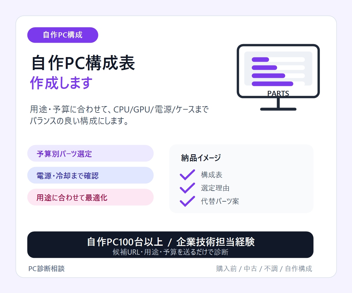 自作PC構成表を作成します 予算と用途に合わせて失敗しない構成を提案 イメージ1