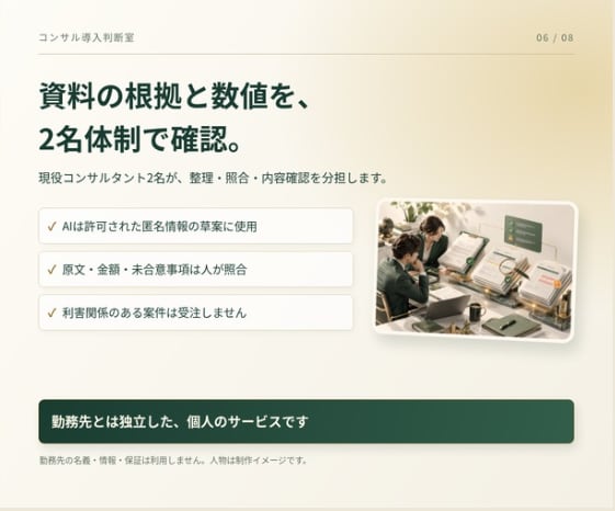 コンサル・AI導入の判断資料を作成します 現役コンサル2名が、費用・対応範囲・完了条件を整理 イメージ6