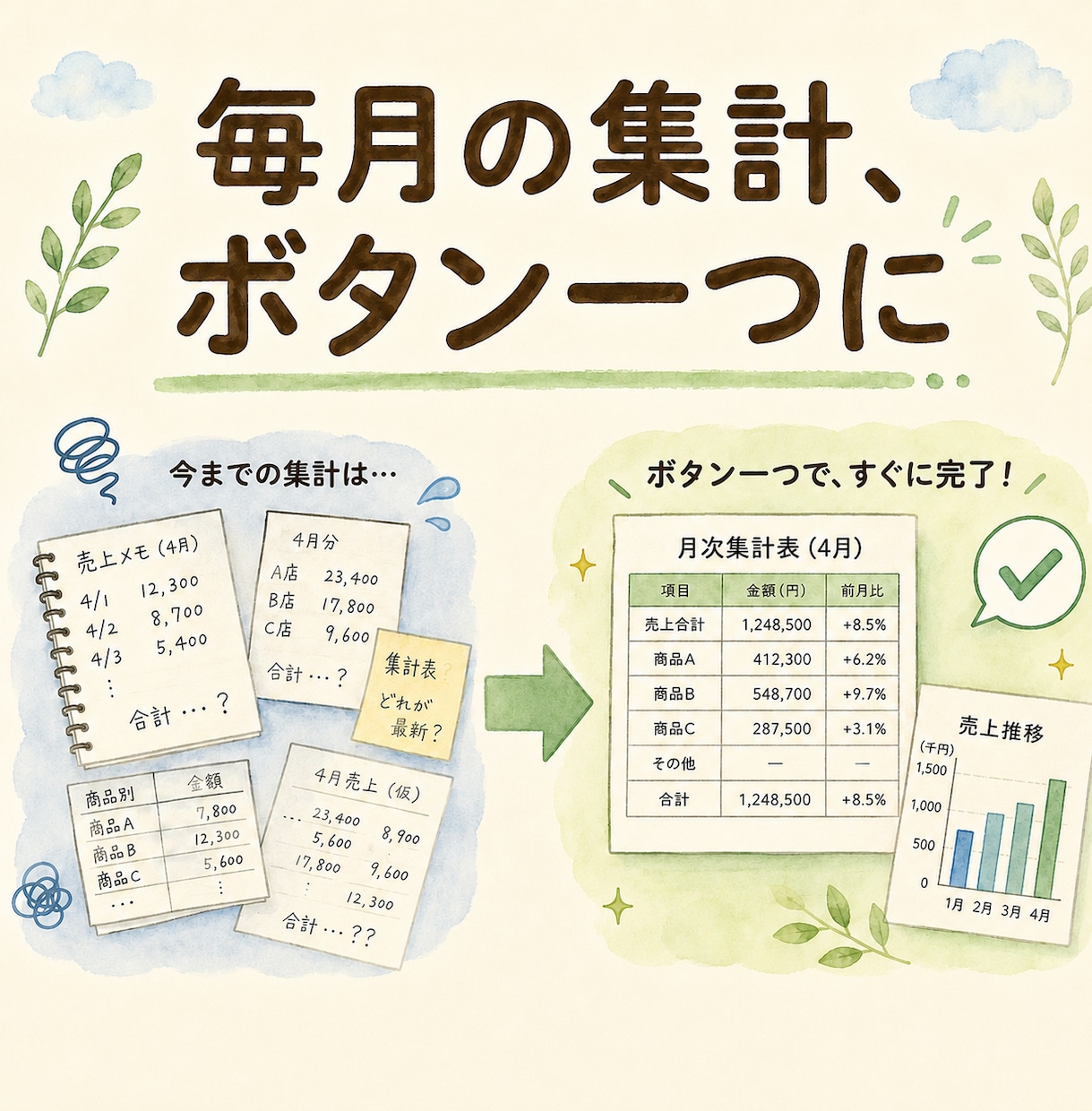 Excelの月次集計・レポートを自動化します ｜毎月の集計・レポート作成をボタン1つで イメージ1