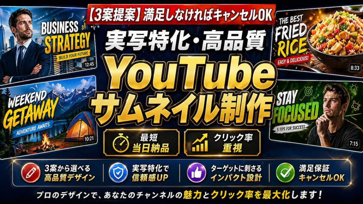 最短当日！3案提案サムネイル代行承ります 気に入らなければキャンセルOK ！最高の一枚をゼロから制作 イメージ1