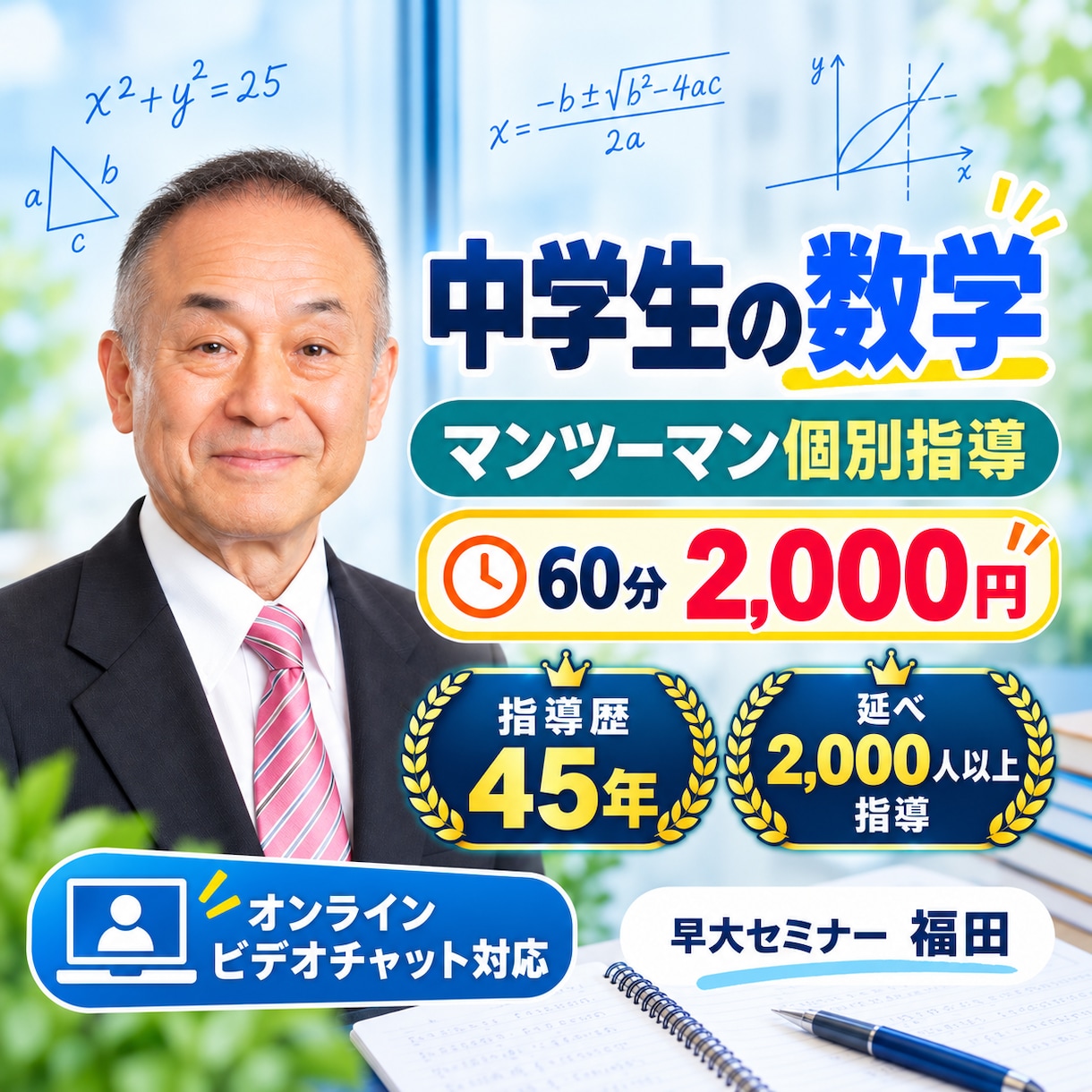 中学生の数学をマンツーマンで教えます 指導歴45年の塾長が基礎から丁寧に解説！ イメージ1
