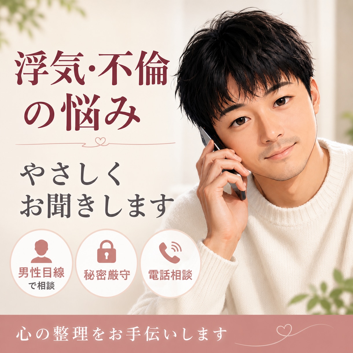 浮気・不倫の悩み、男性目線でやさしくお聞きします 誰にも言えない恋の悩みに本気で寄り添います イメージ1