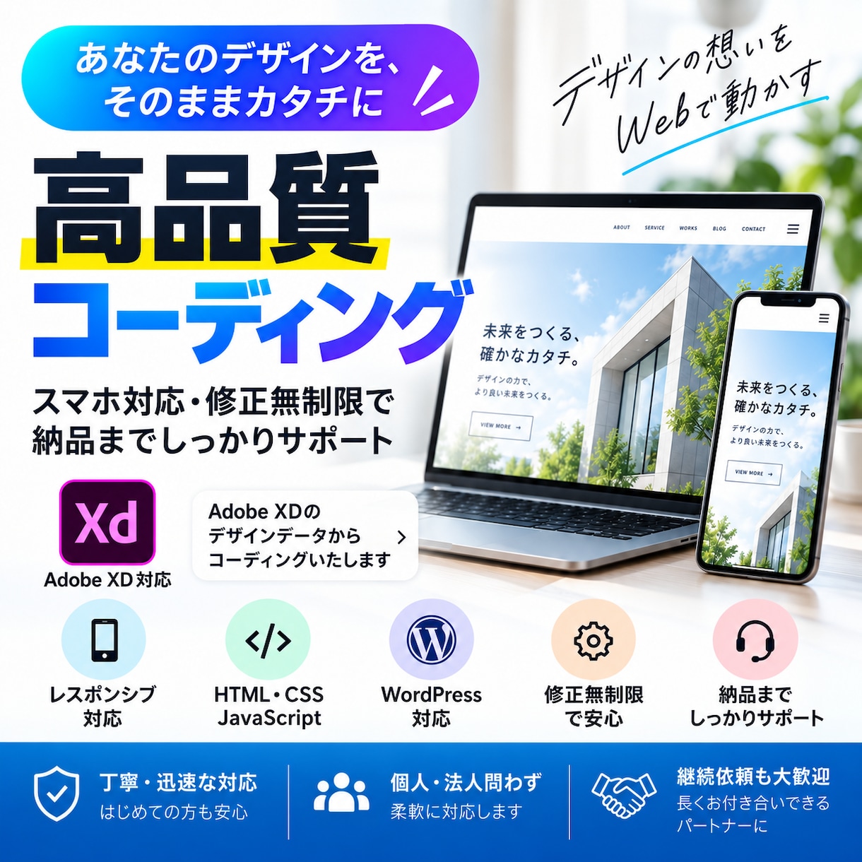 XDのデザインデータをコーディングいたします WordPress、レスポンシブ対応! 素早くコーディング！ イメージ1