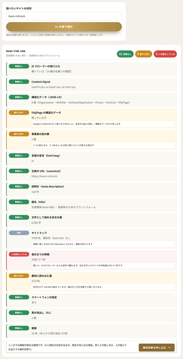 ホームページを作り直さずに速くAI対応に直します 学生時代から20年。速さとAI検索対応を数字で確かめます イメージ2