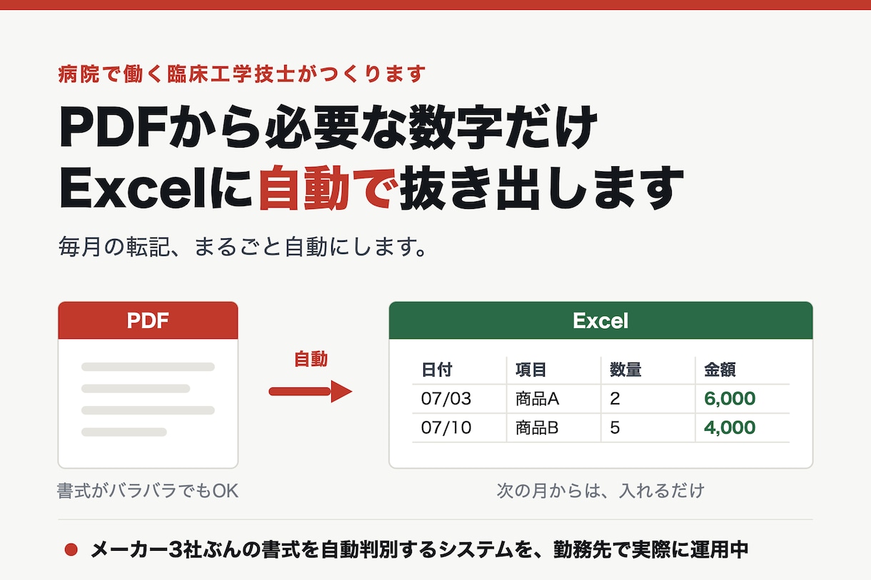 PDFの数字をExcelへ自動で抜き出します 毎月のPDF転記、まるごと自動にします イメージ1