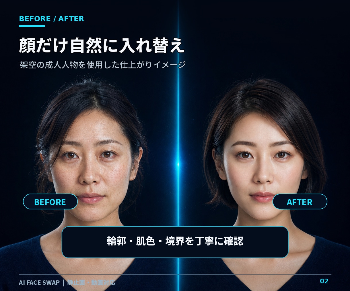 AIで動画の顔を自然な別人へ変更します 髪型・服装・背景を活かし、動画内の顔をAIで自然に合成します イメージ2